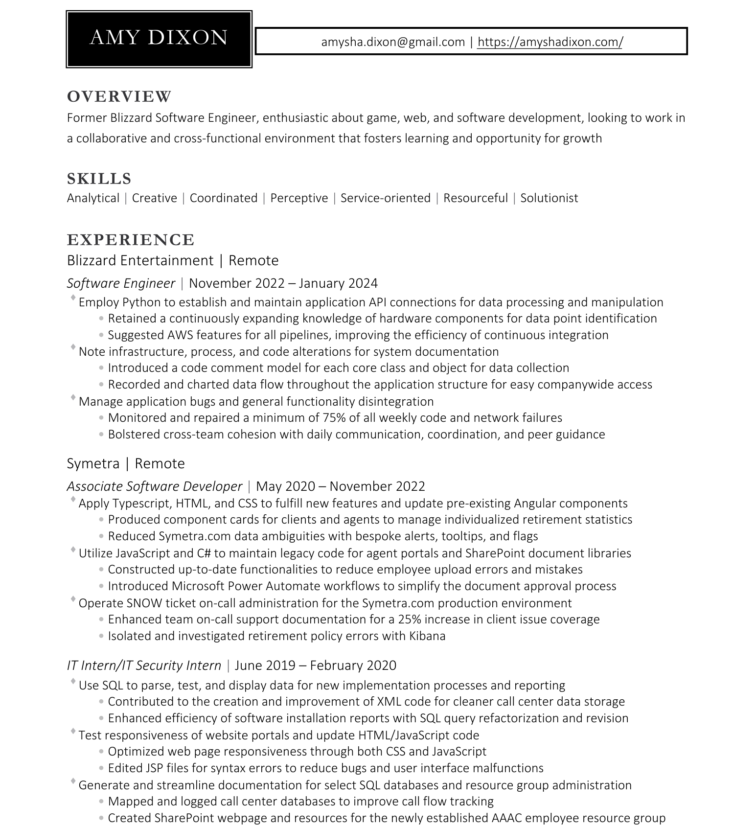 Amy Dixon's résumé page 1